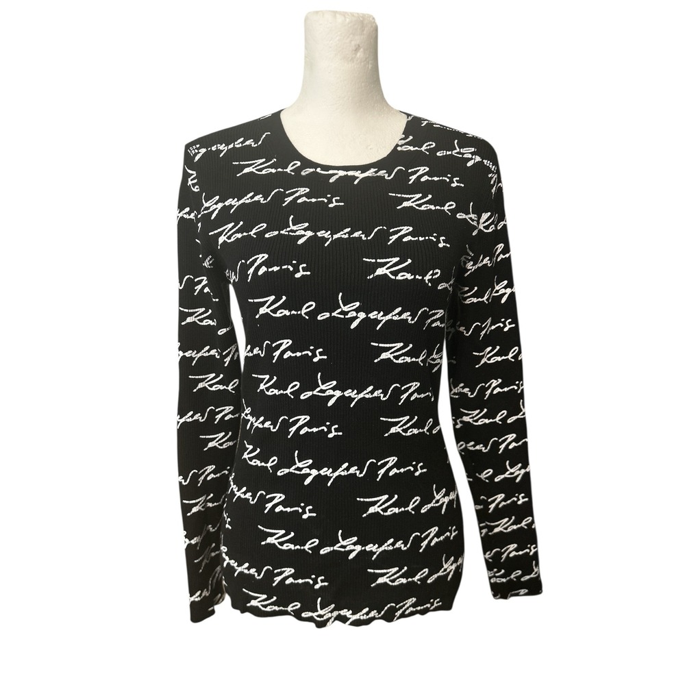 KARL LAGERFELD PARIS Black Script Logo Ribbed Long Sleeve‎ Sweater Top Womens M
